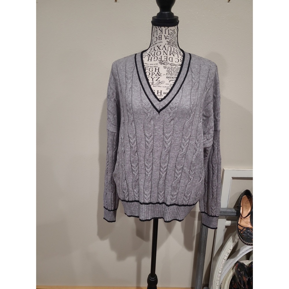 Adrianna Papell Gray Cable Knit V-Neck Sweater blk accent classic women SZ L